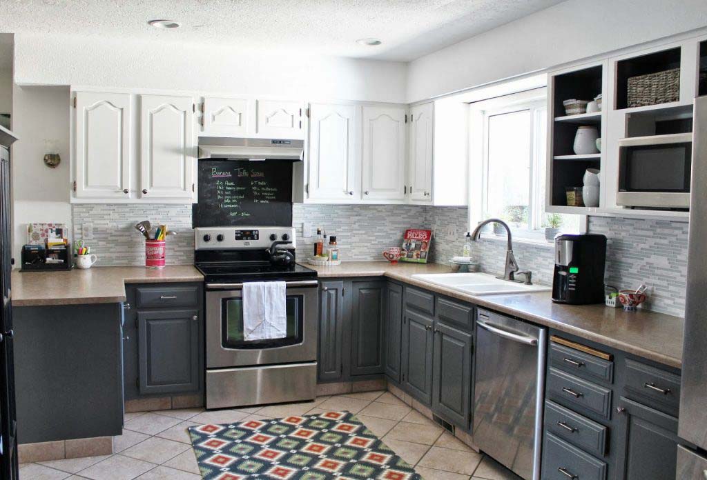 A grey-and-white painted kitchen