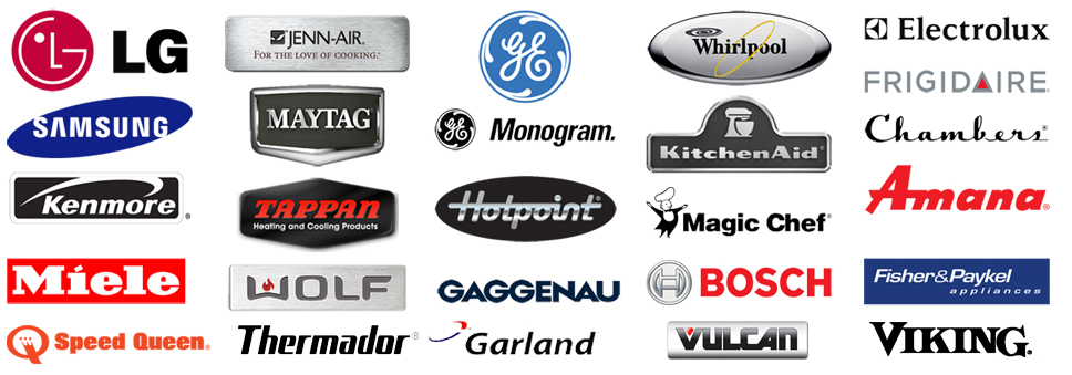 A collection of appliance logos including LG, Jenn-Air, GE, Whirlpool, Electrolux, Frigidaire, Samsung, Maytag, GE Monogram, KitchenAid, Chambers, Kenmore, Tappan, Hotpoint, Magic Chef, Amana, Miele, Wolf, Gaggenau, Bosch, Fisher & Paykel, Speed Queen, Thermador, Garland, Vulcan, and Viking.