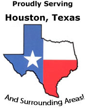 A graphic of the state of Texas with text reading: Proudly serving Houston, Texas and surrounding areas!