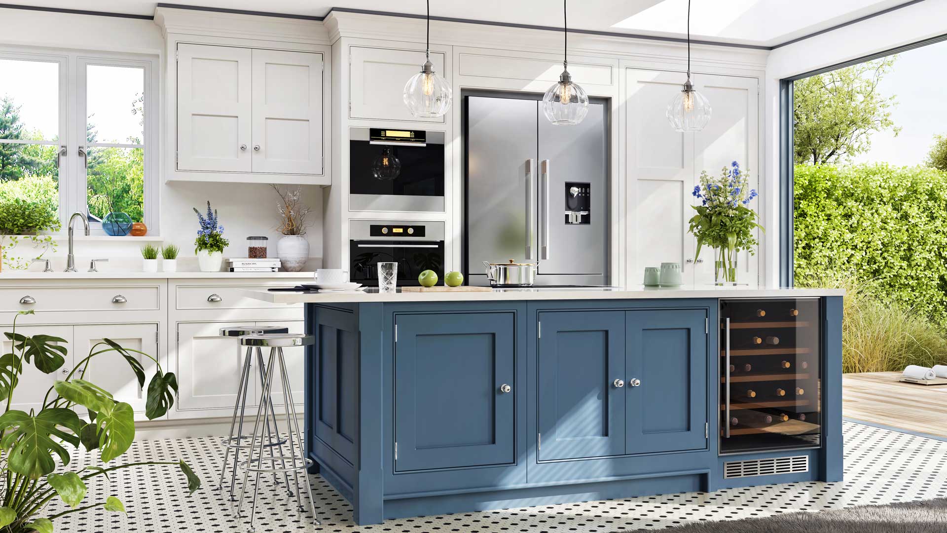 A kitchen with many plants in it and a blue island